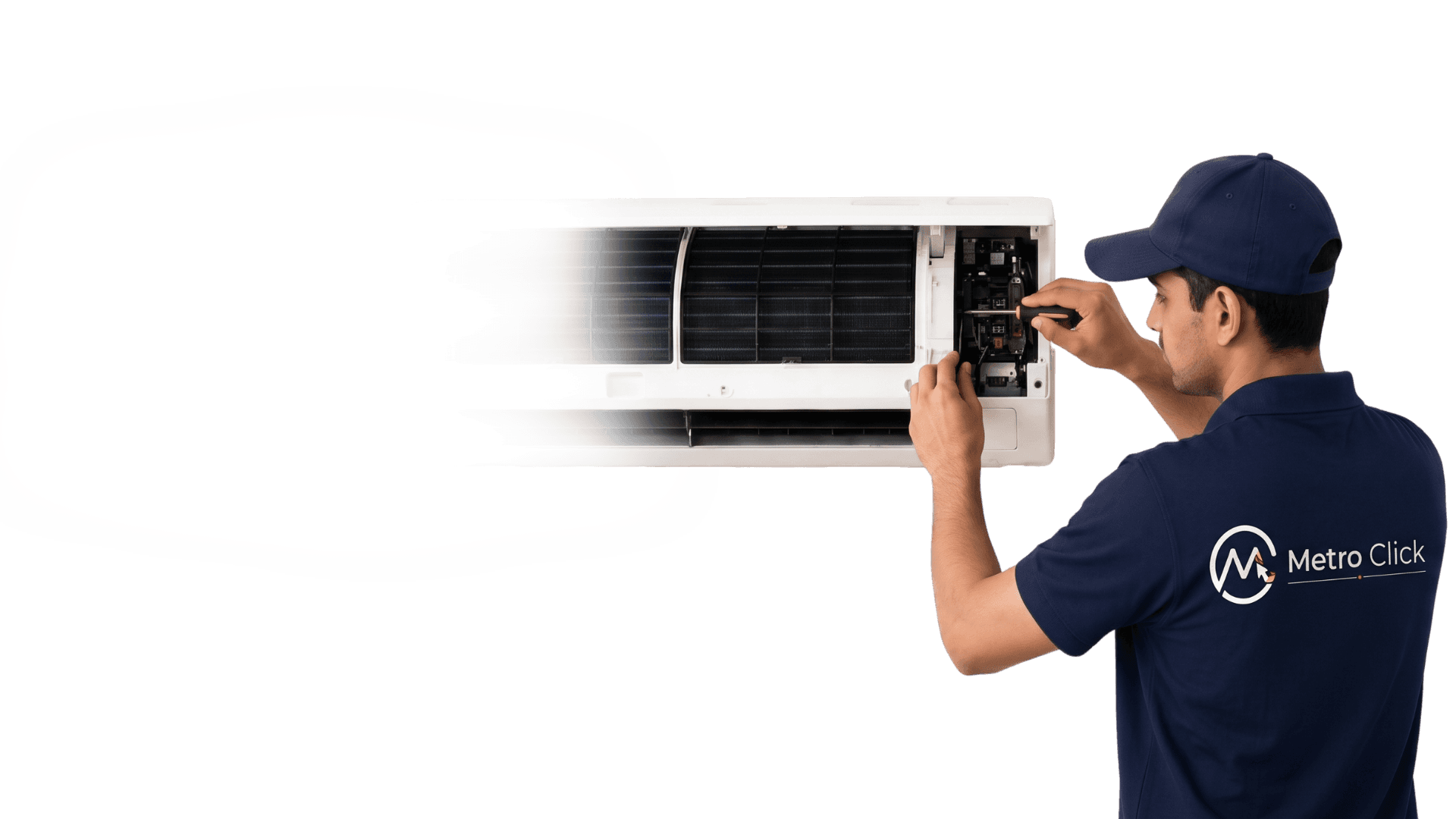 MetroClick technician servicing a wall-mounted air conditioner