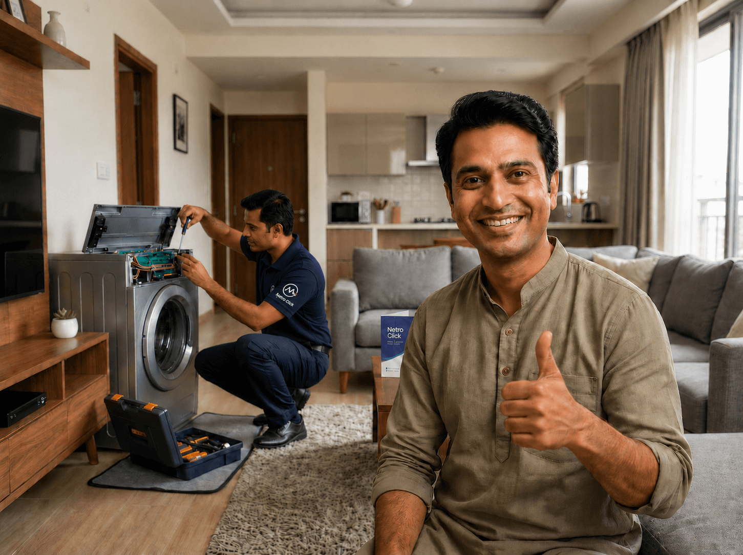 Service professional checking appliance equipment
